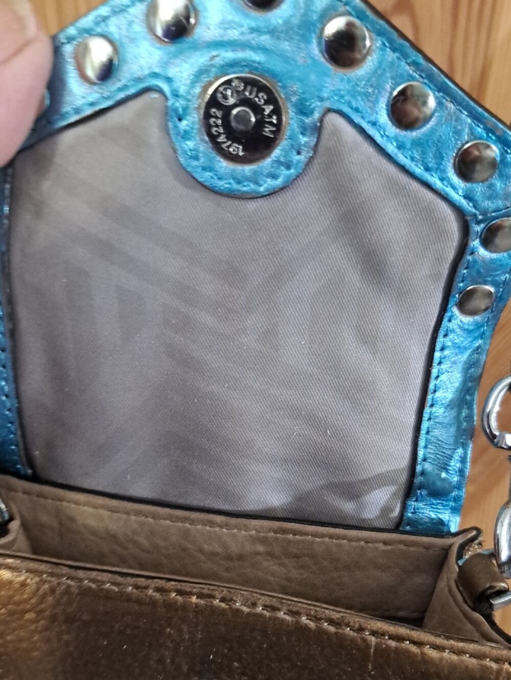 Hand Painted Metallic Bronze Crossbody Phone Bag with Turquoise Trim - Picture 10 of 14